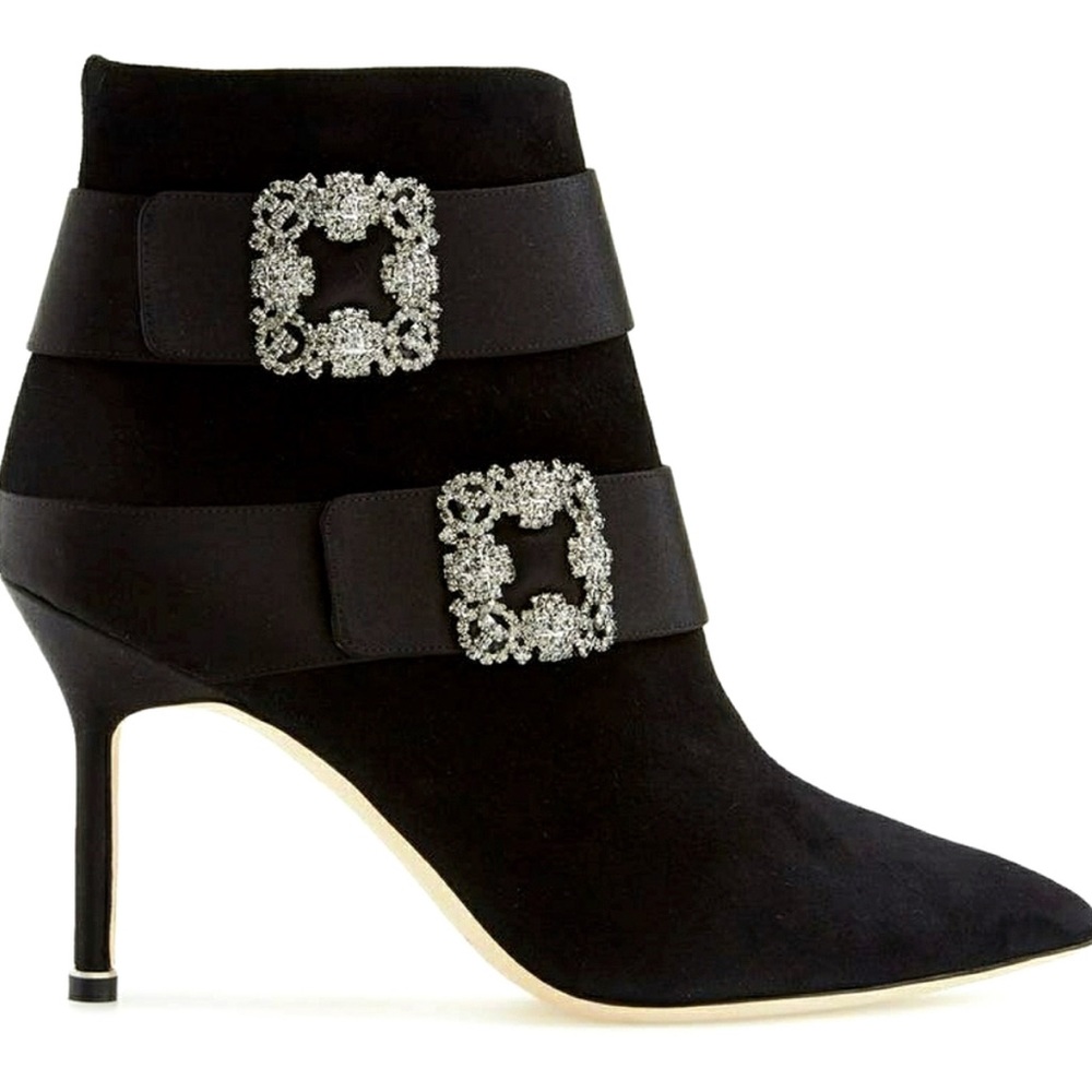 Manolo Blahnik Suede Heeled Booties with Crystal Hardware